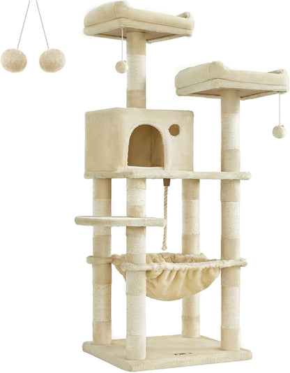 Cat Tree, Large Cat Tower, Cat Condo with Scratching Posts, Board, 2 Caves, 3 Plush Perches, Activity Center, 66.5 Inches, Smoky Gray UPCT019G01