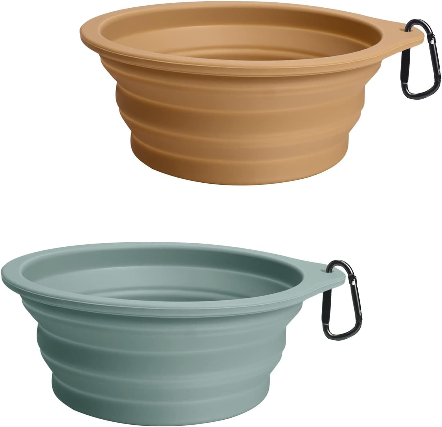2-Pack Silicone Collapsible Dog Bowls, BPA Free Dishwasher Safe, Portable Foldable Expandable Travel Bowl, Food Water Feeding Cup Dish for Dogs Cats with 2 Carabiners (Army Green, Blue)