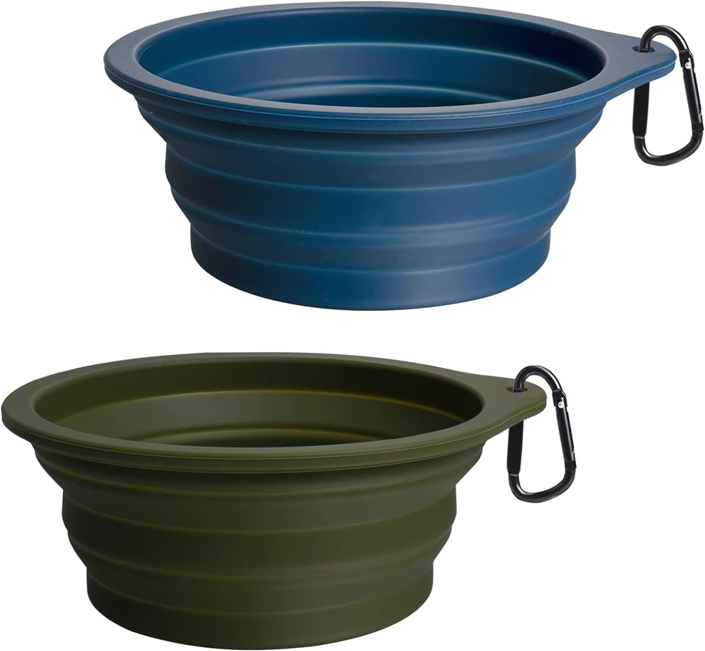 2-Pack Silicone Collapsible Dog Bowls, BPA Free Dishwasher Safe, Portable Foldable Expandable Travel Bowl, Food Water Feeding Cup Dish for Dogs Cats with 2 Carabiners (Army Green, Blue)