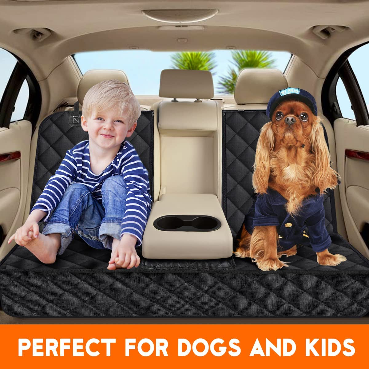 Premium Waterproof Dog Car Seat Cover - Universal Fit for Cars, Trucks & SUVs, Non-Slip Back Seat Protector with Middle Armrest Access - Stylish Black Design