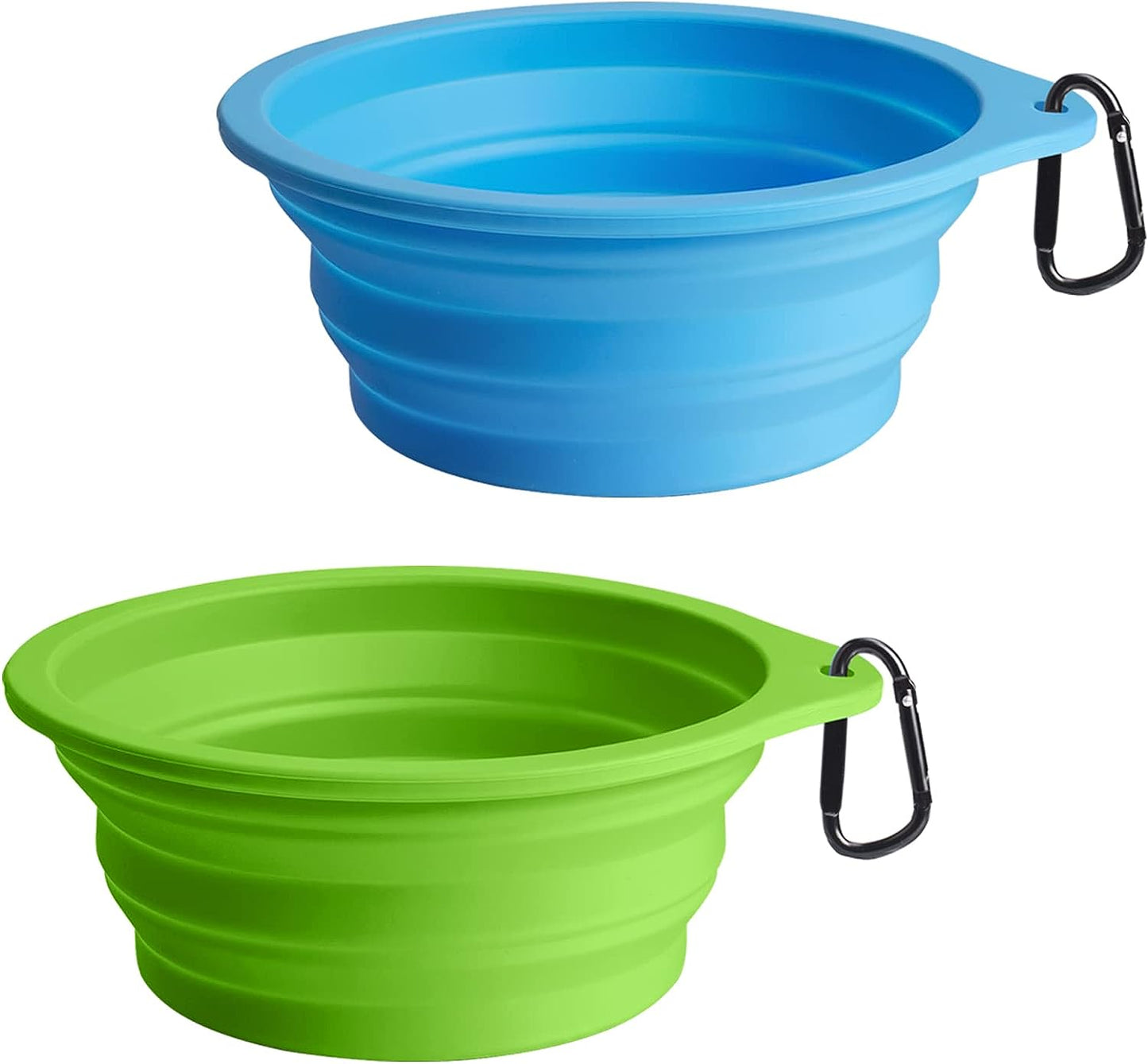 2-Pack Silicone Collapsible Dog Bowls, BPA Free Dishwasher Safe, Portable Foldable Expandable Travel Bowl, Food Water Feeding Cup Dish for Dogs Cats with 2 Carabiners (Army Green, Blue)