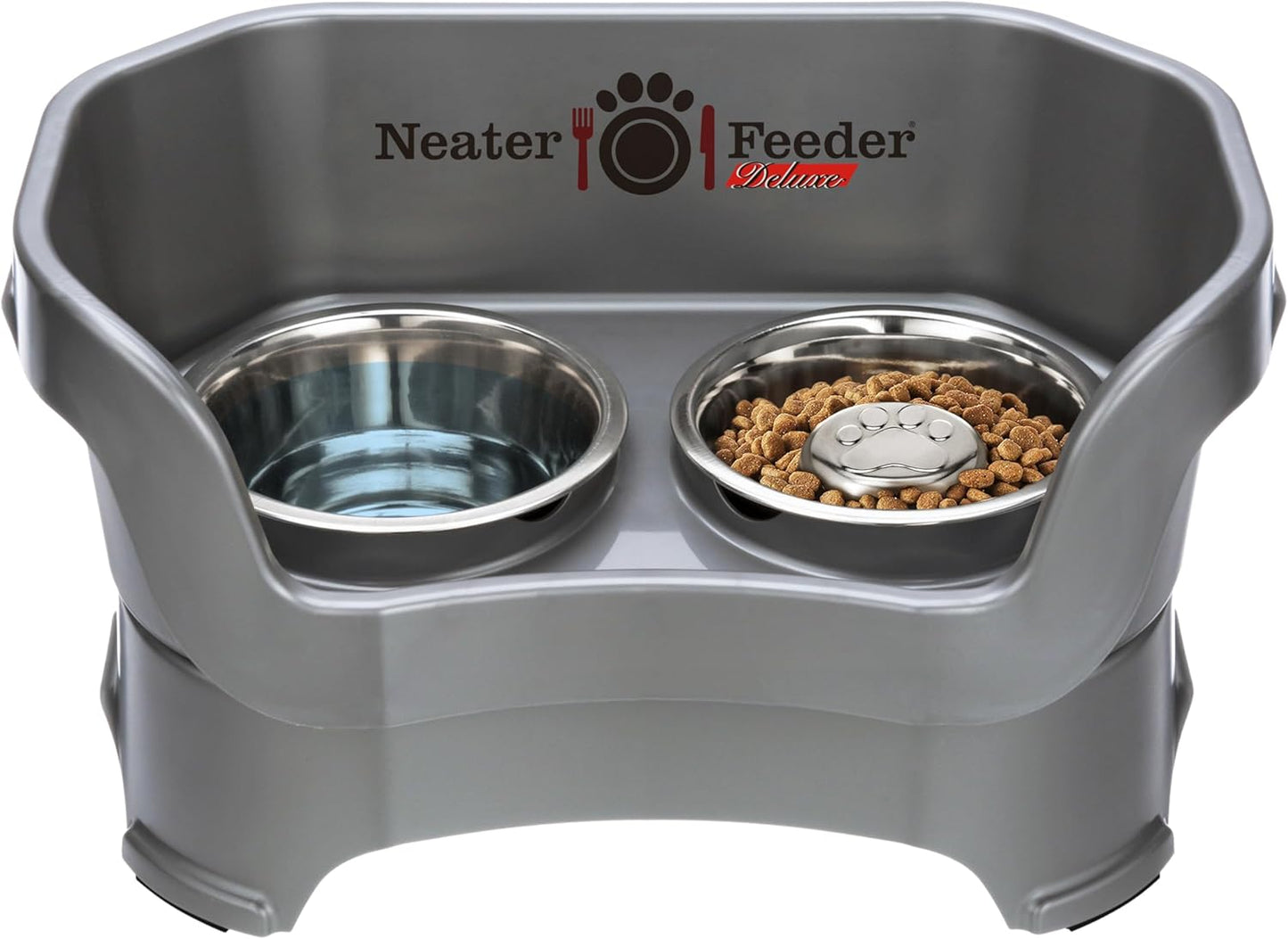 Neater Feeder Deluxe Mess Proof Dog Bowls Elevated for Medium Dogs 19-40 Lbs, Made in USA, No Spill Raised Dog Food Bowl Stand Feeding Station, Food and Water Bowl Set, Grey