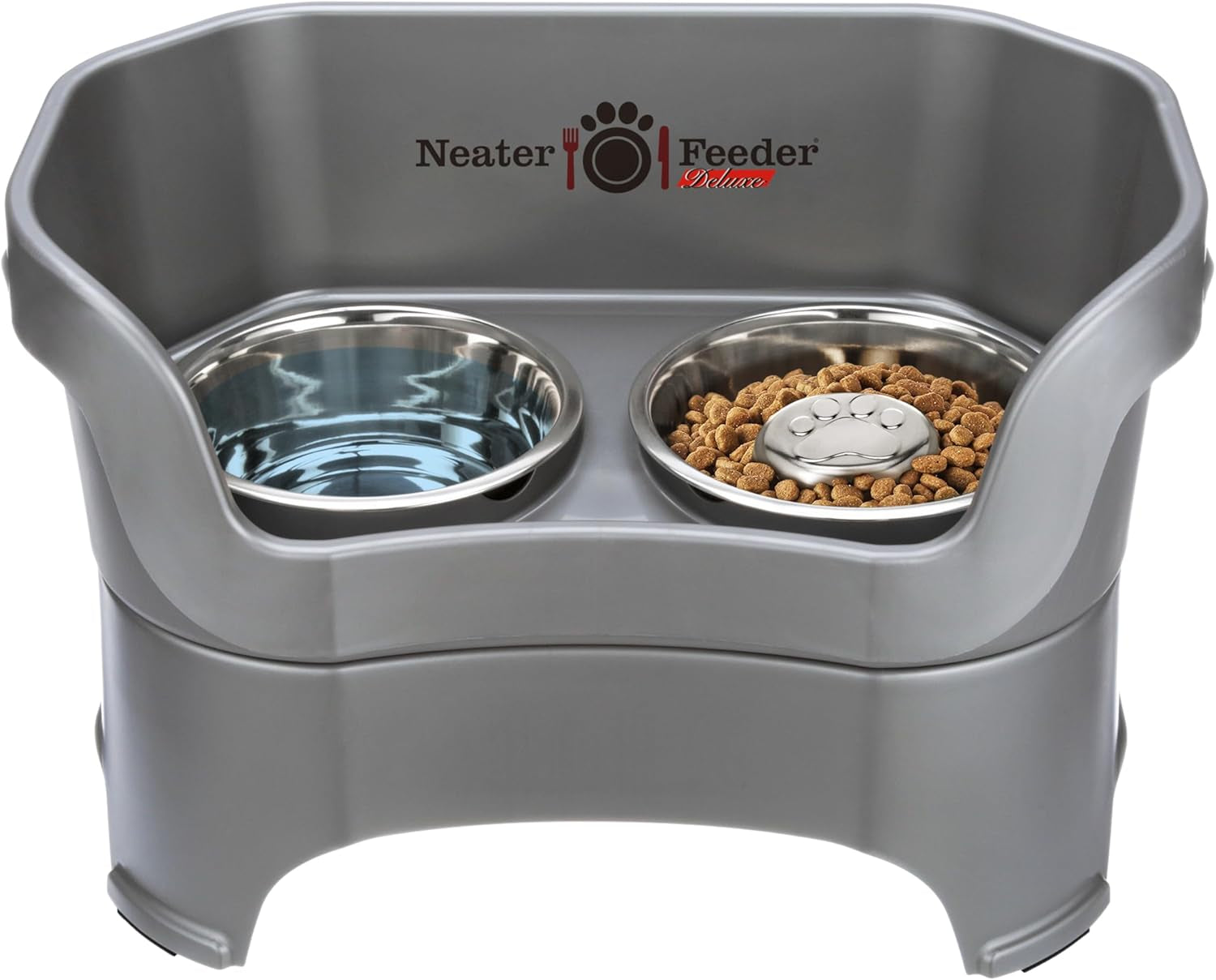 Neater Feeder Deluxe Mess Proof Dog Bowls Elevated for Medium Dogs 19-40 Lbs, Made in USA, No Spill Raised Dog Food Bowl Stand Feeding Station, Food and Water Bowl Set, Grey