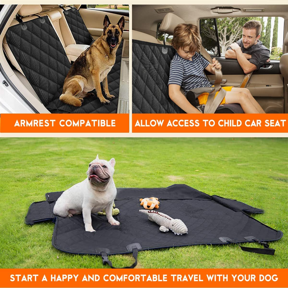 Premium Waterproof Dog Car Seat Cover - Universal Fit for Cars, Trucks & SUVs, Non-Slip Back Seat Protector with Middle Armrest Access - Stylish Black Design
