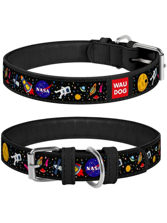 Leather Dog Collar with NASA Design for Xsmall Dogs 811 in Neck X 0.5 in Wide