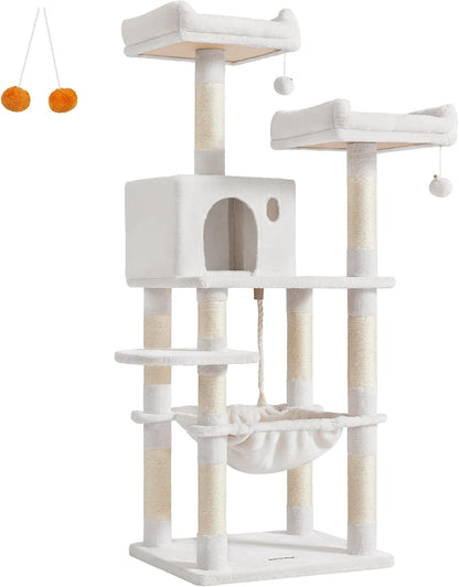 Cat Tree, Large Cat Tower, Cat Condo with Scratching Posts, Board, 2 Caves, 3 Plush Perches, Activity Center, 66.5 Inches, Smoky Gray UPCT019G01