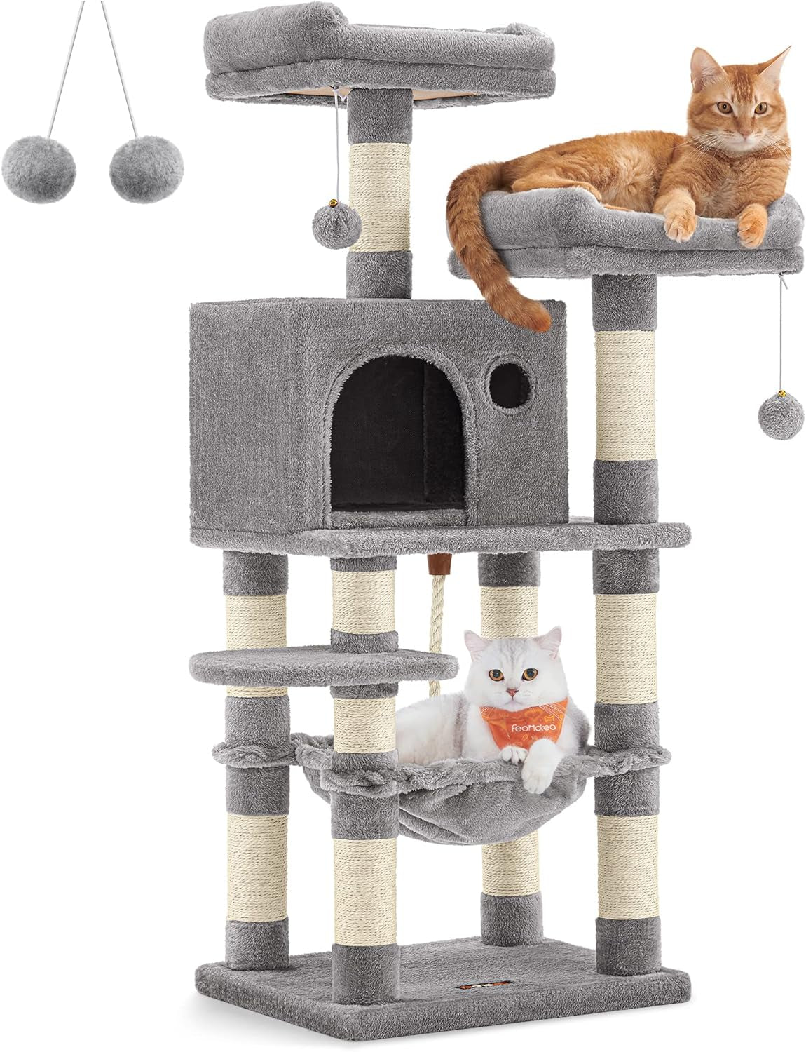 Cat Tree, Large Cat Tower, Cat Condo with Scratching Posts, Board, 2 Caves, 3 Plush Perches, Activity Center, 66.5 Inches, Smoky Gray UPCT019G01