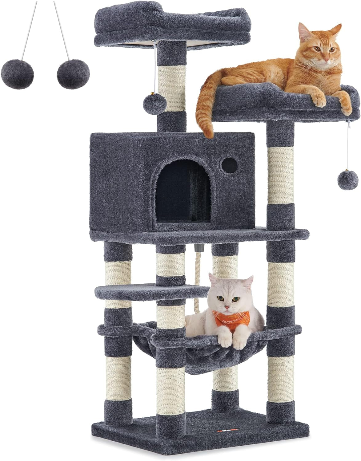 Cat Tree, Large Cat Tower, Cat Condo with Scratching Posts, Board, 2 Caves, 3 Plush Perches, Activity Center, 66.5 Inches, Smoky Gray UPCT019G01