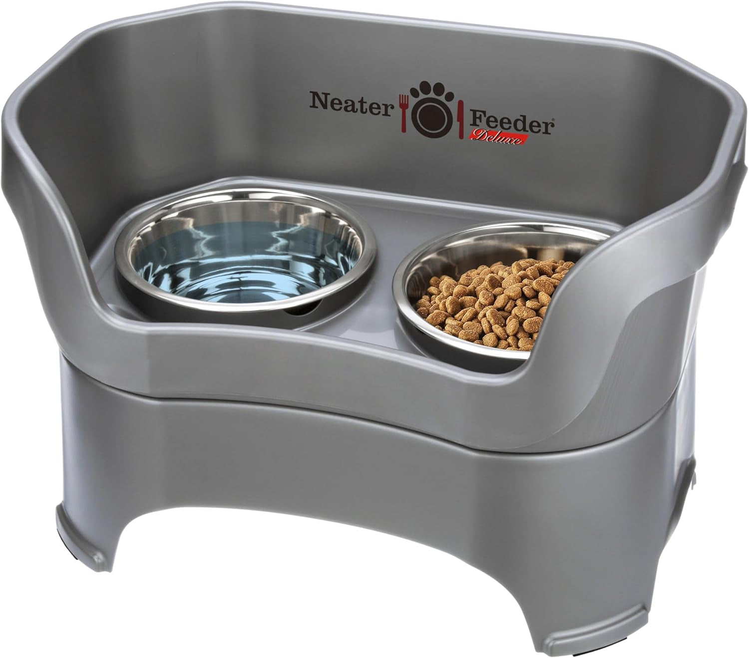 Neater Feeder Deluxe Mess Proof Dog Bowls Elevated for Medium Dogs 19-40 Lbs, Made in USA, No Spill Raised Dog Food Bowl Stand Feeding Station, Food and Water Bowl Set, Grey