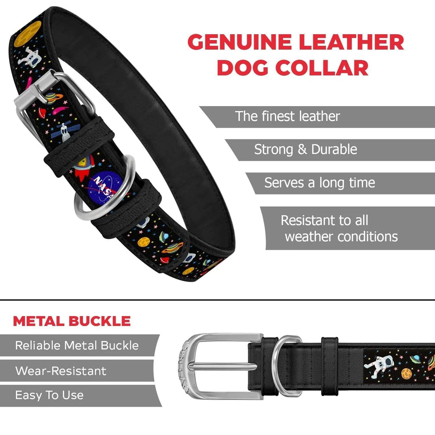 Leather Dog Collar with NASA Design for Xsmall Dogs 811 in Neck X 0.5 in Wide