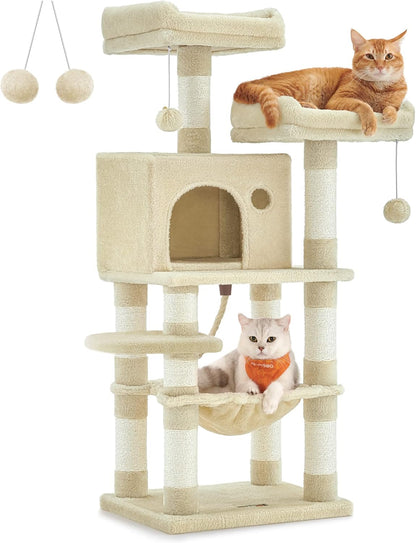Cat Tree, Large Cat Tower, Cat Condo with Scratching Posts, Board, 2 Caves, 3 Plush Perches, Activity Center, 66.5 Inches, Smoky Gray UPCT019G01