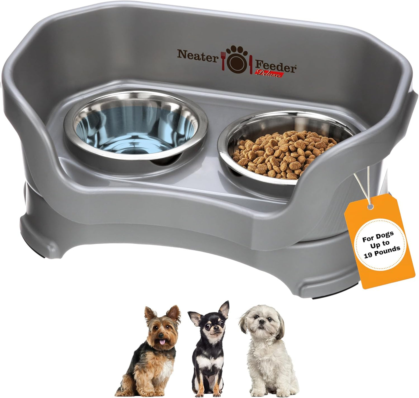 Neater Feeder Deluxe Mess Proof Dog Bowls Elevated for Medium Dogs 19-40 Lbs, Made in USA, No Spill Raised Dog Food Bowl Stand Feeding Station, Food and Water Bowl Set, Grey