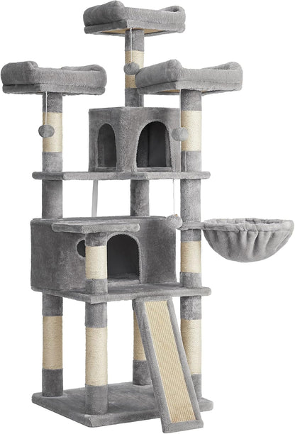 Cat Tree, Large Cat Tower, Cat Condo with Scratching Posts, Board, 2 Caves, 3 Plush Perches, Activity Center, 66.5 Inches, Smoky Gray UPCT019G01